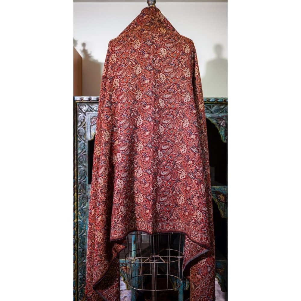 Floral Woven Wool Shawl with Fringes - 42" x 77"